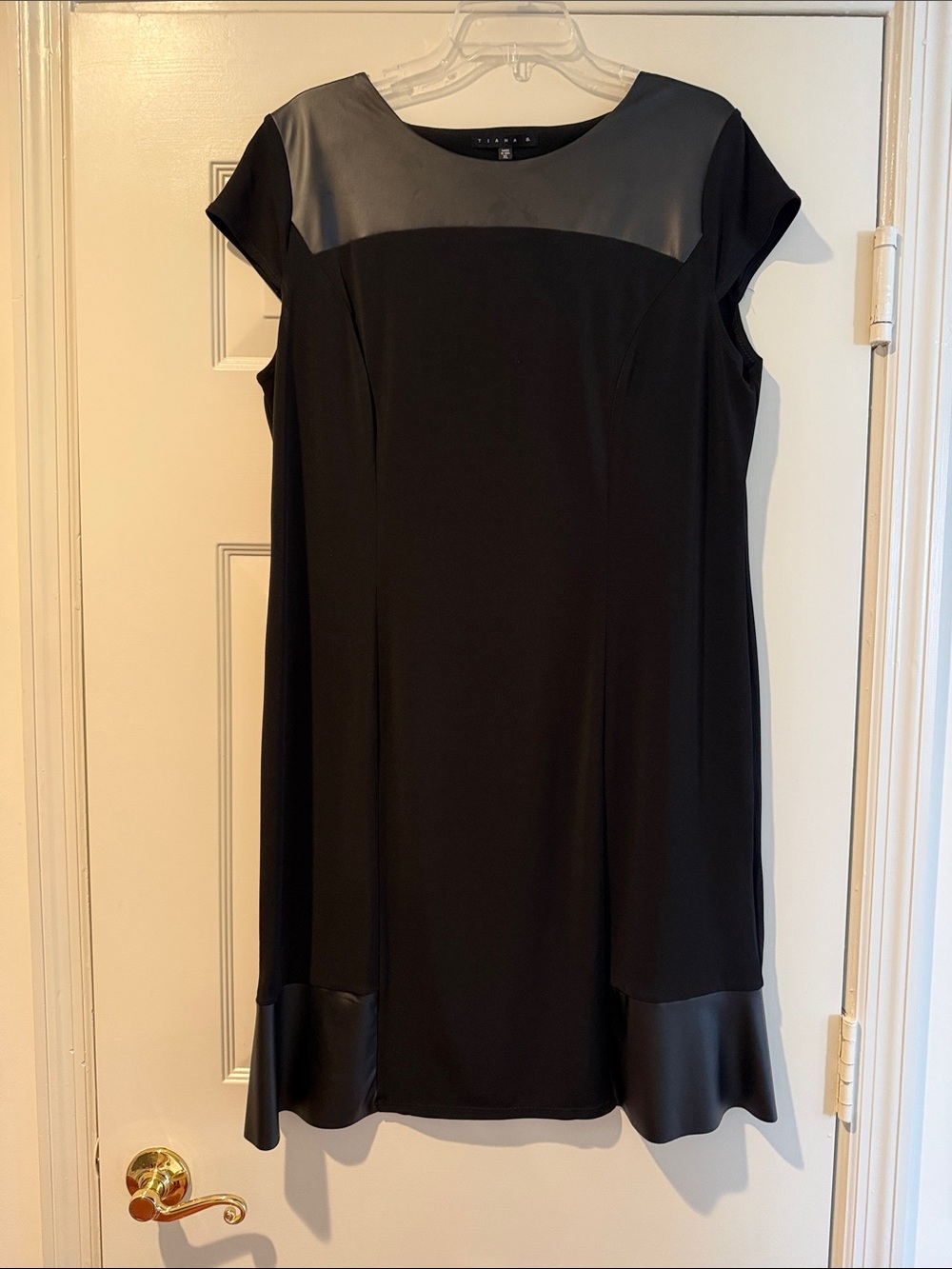 NWOT Tahari Black Shift Holiday Dress Faux Leather Trim Bikercon Sexy Mobwife XL